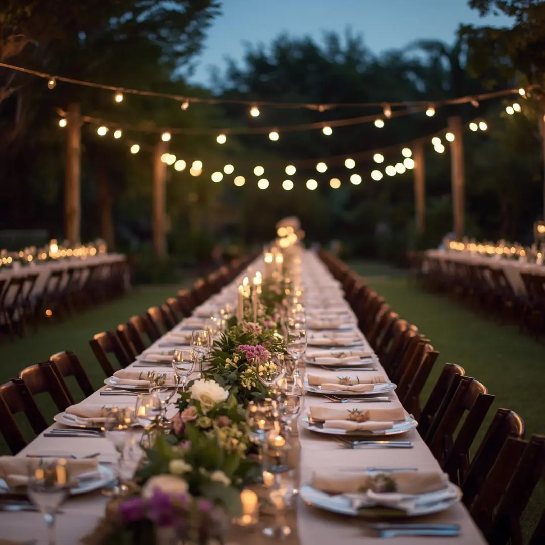 Beautifully set long dining table under string lights for outdoor event